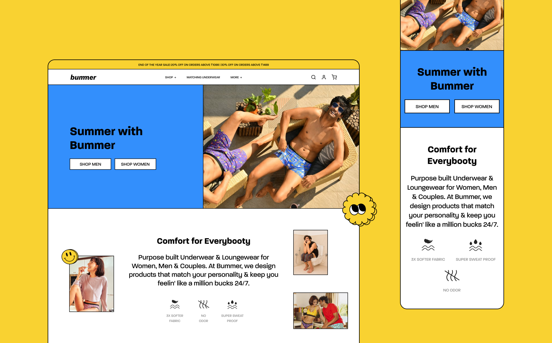 Two yellow web layouts on a blue background featuring a relaxed guy in colorful underwear
