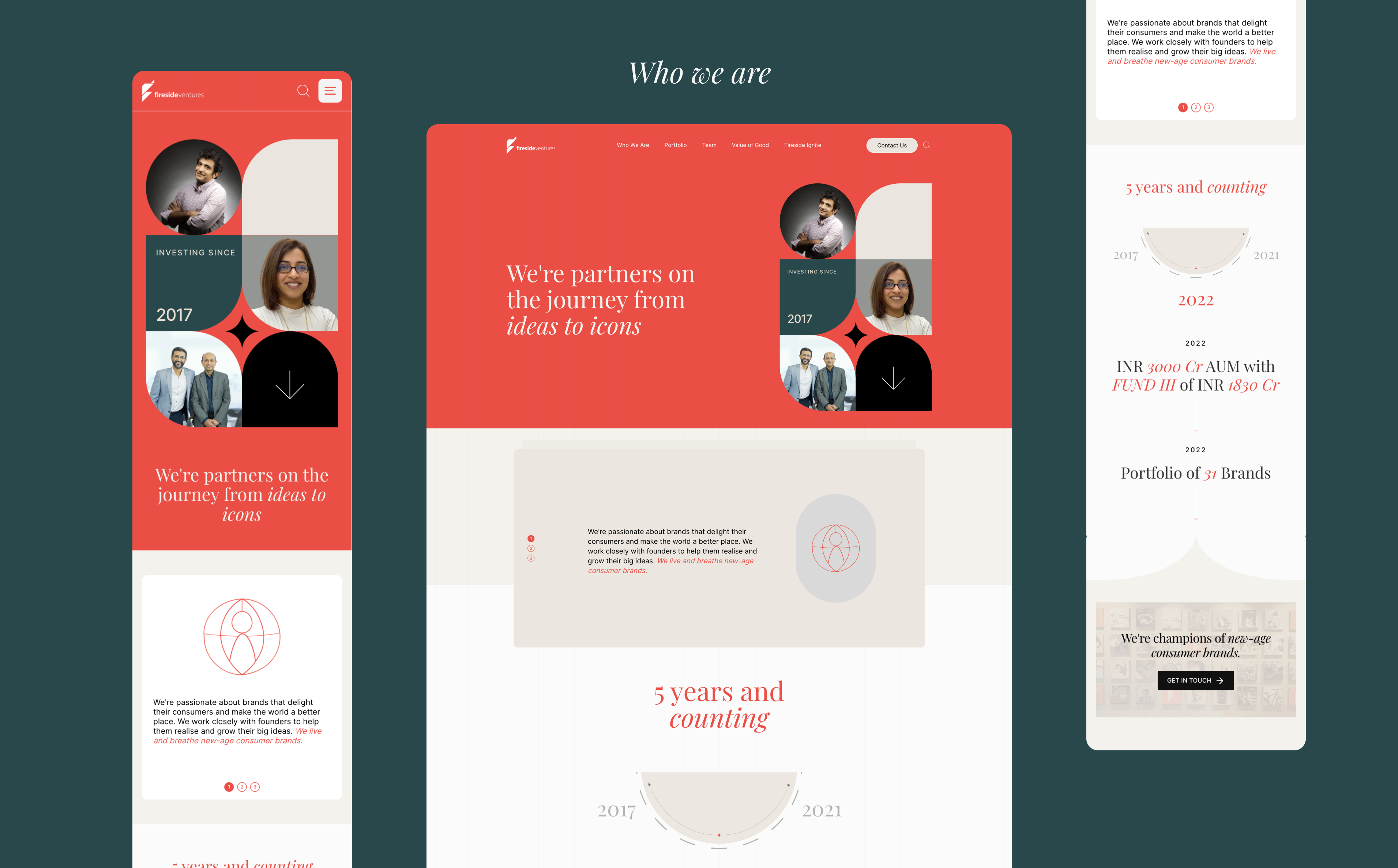 Website design layout featuring a team section with profile images in a red and white theme. The text reads 'We're partners on the journey from idea to icons.' A timeline highlights milestones from 2017 to 2023. The tone is professional and collaborative
