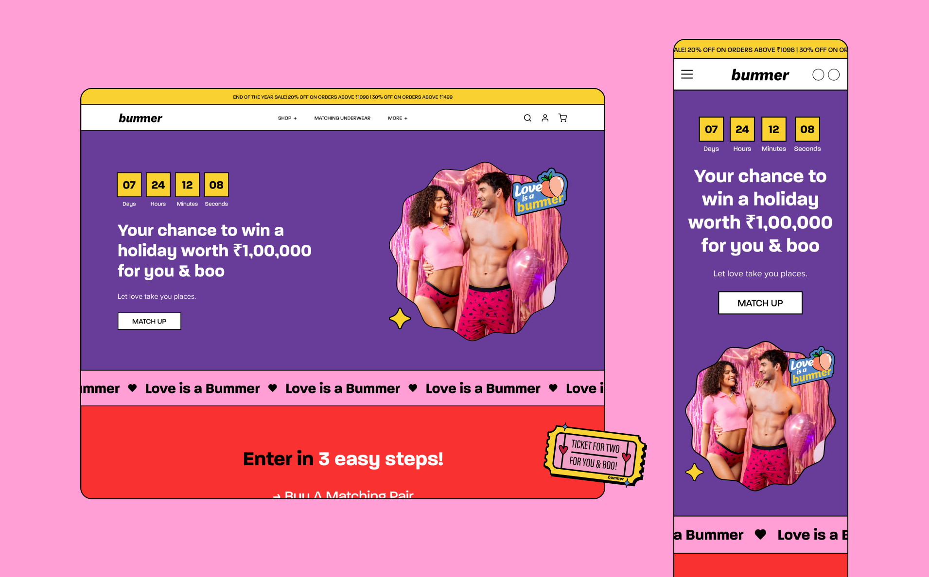 A website and mobile layout on a pink background features a contest ad with a man and woman in playful poses and vibrant attire