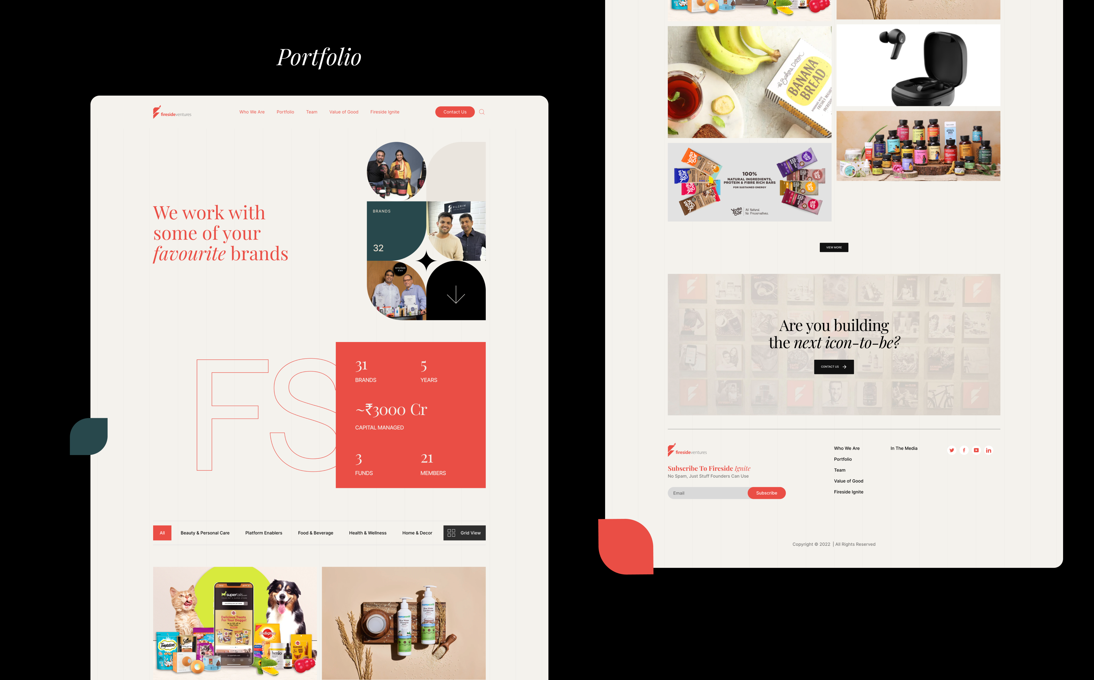 Two web pages showcasing a portfolio of brand collaborations, featuring images of products, client logos, and testimonial quotes on a minimalist layout