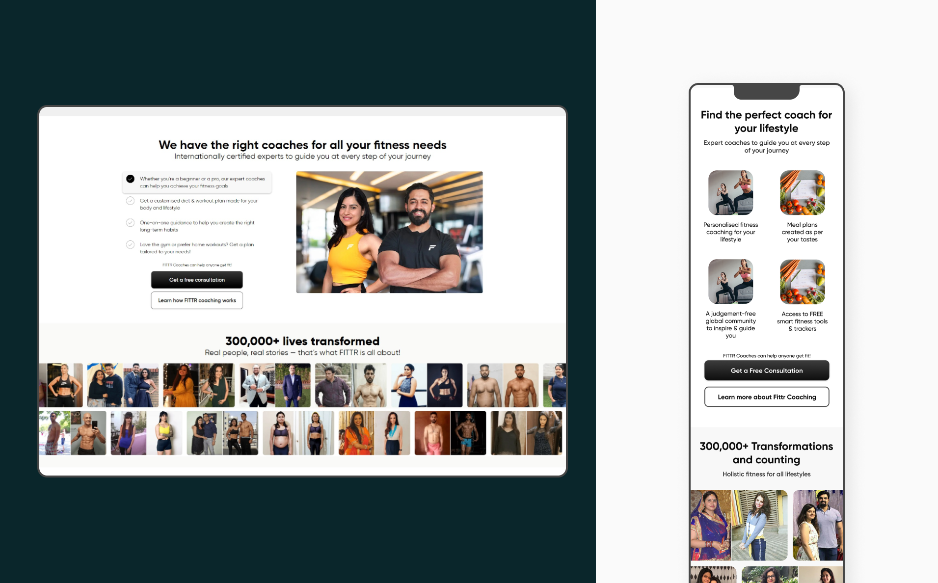 Webpage showcasing fitness coaches with a central image of two smiling coaches. Headline about fitness support, client transformations below. Emphasizes community and positive change