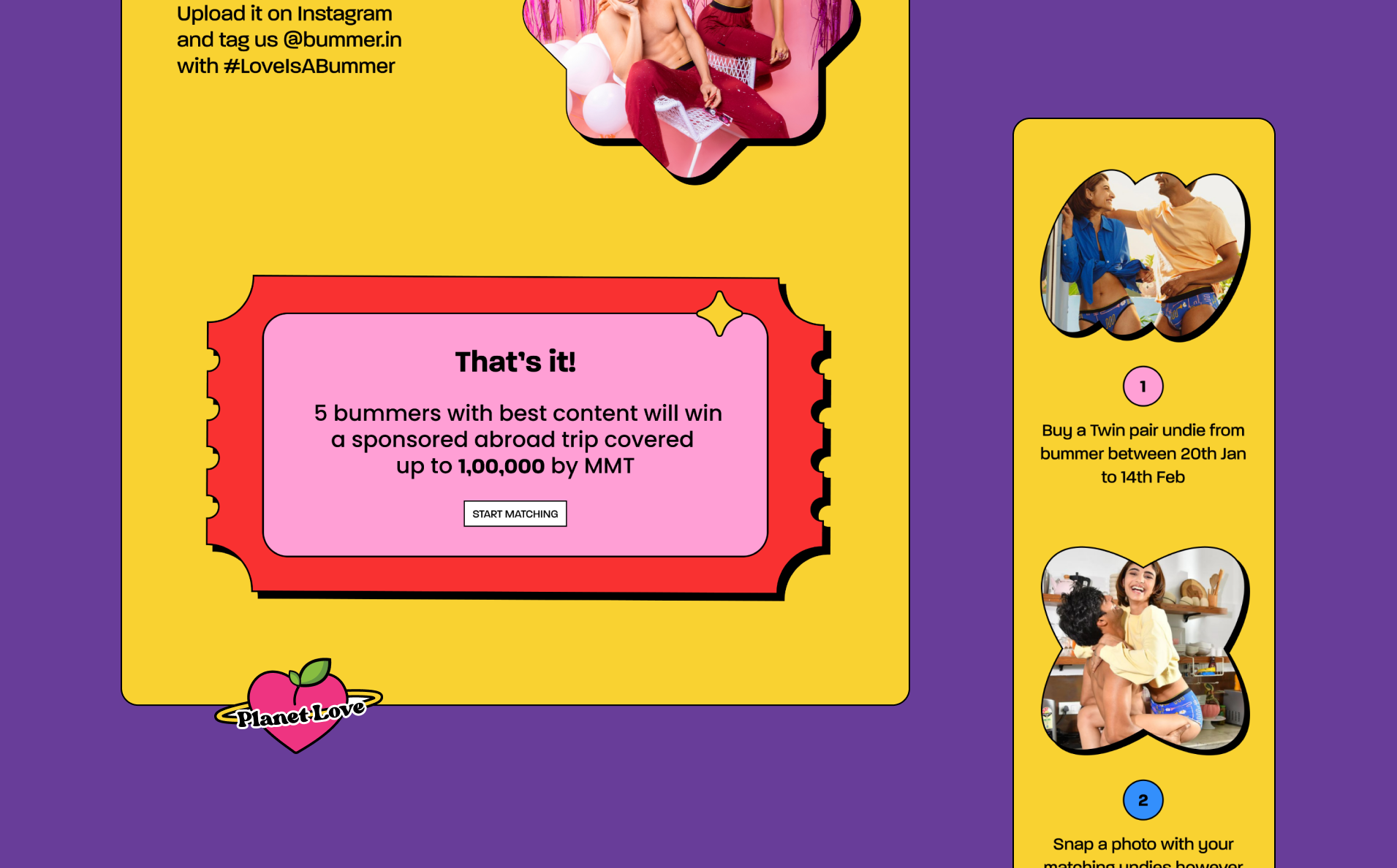 A vibrant contest announcement poster with a purple and yellow theme. It features photos of people in pink and blue outfits, and text about winning a sponsored trip