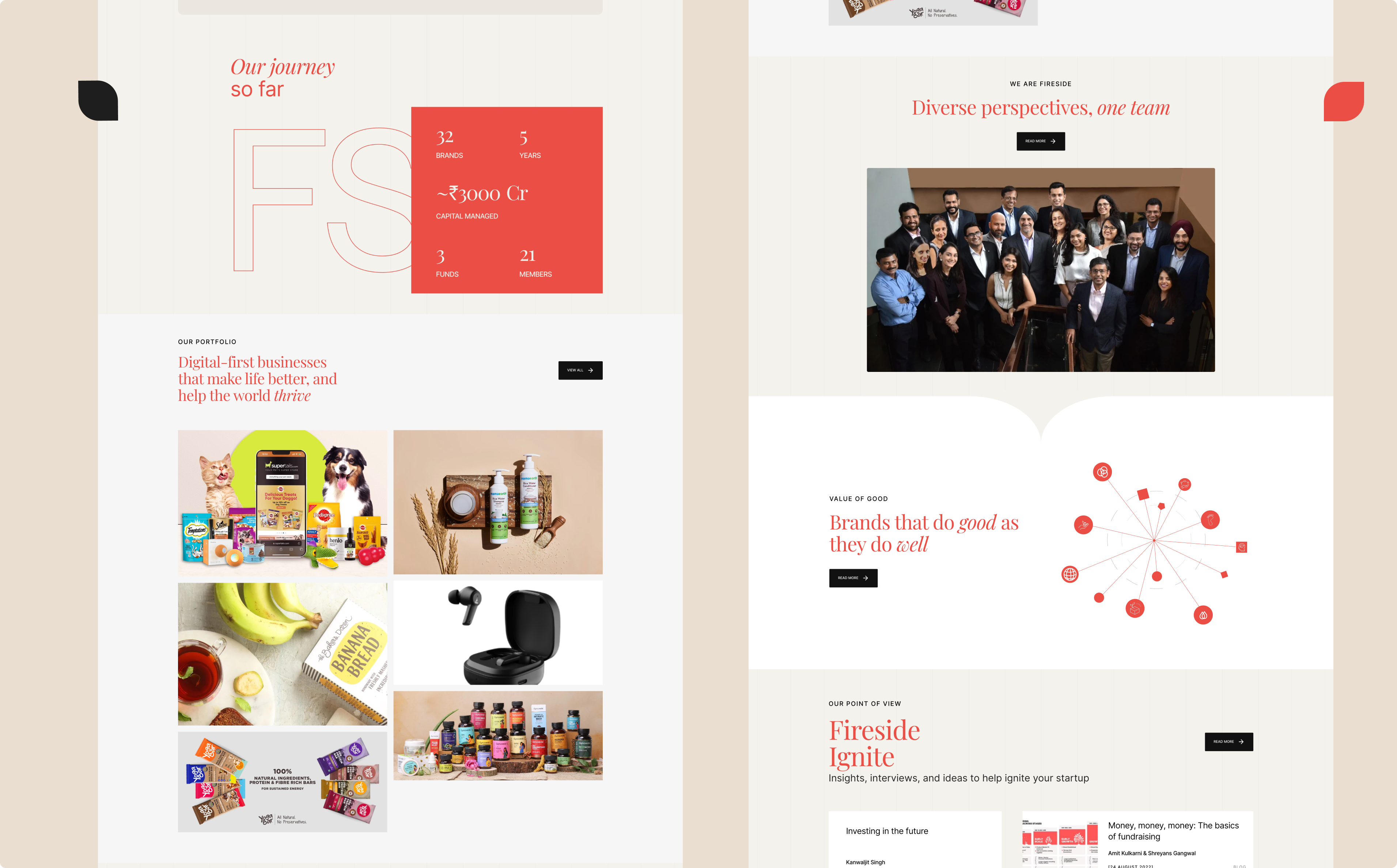 A website layout featuring a red and white theme. It includes a team photo, product images like food items, and text sections