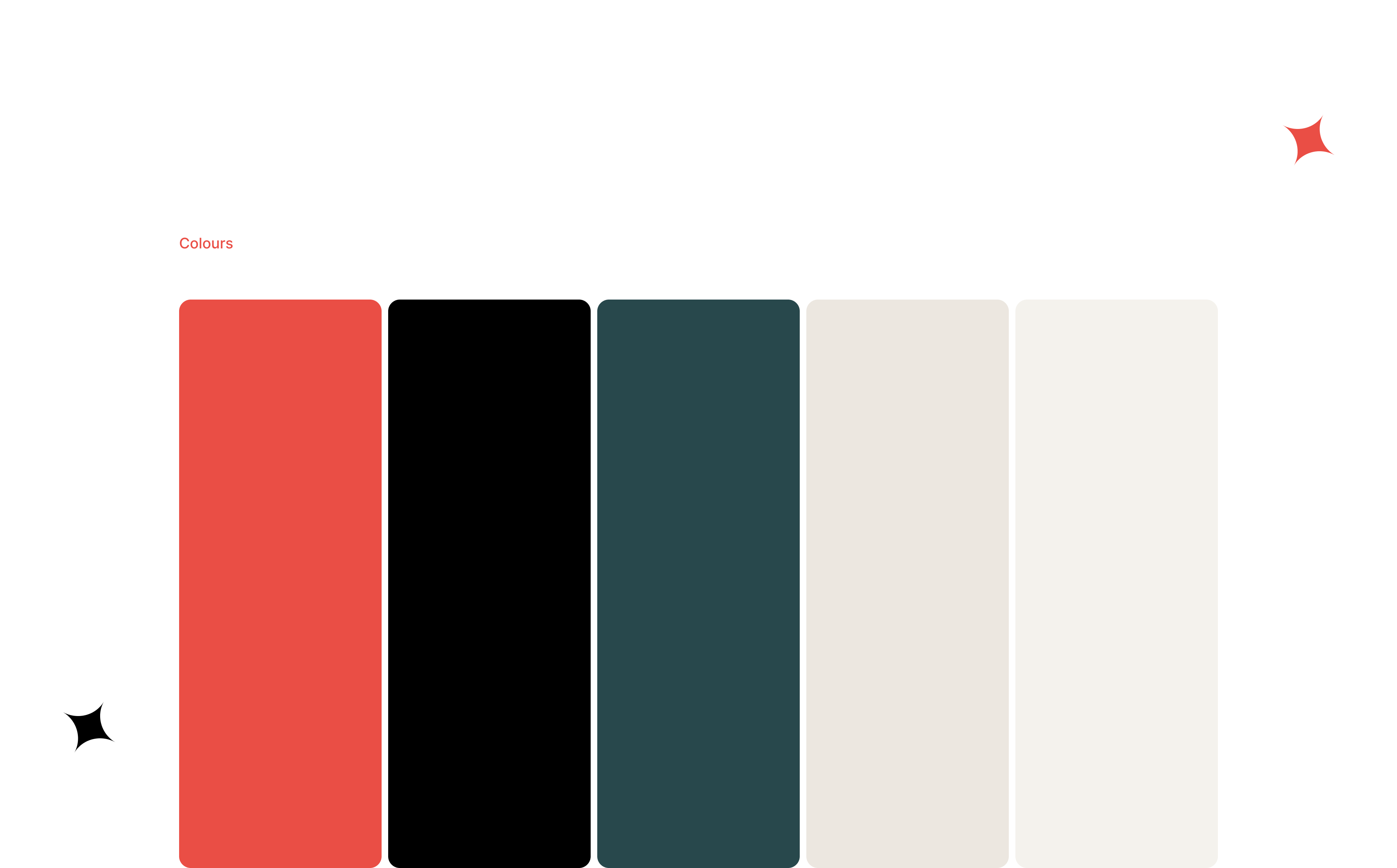 Five vertical color blocks: red, black, dark teal, light gray, and off-white. Minimalist design with small black and red stars in corners