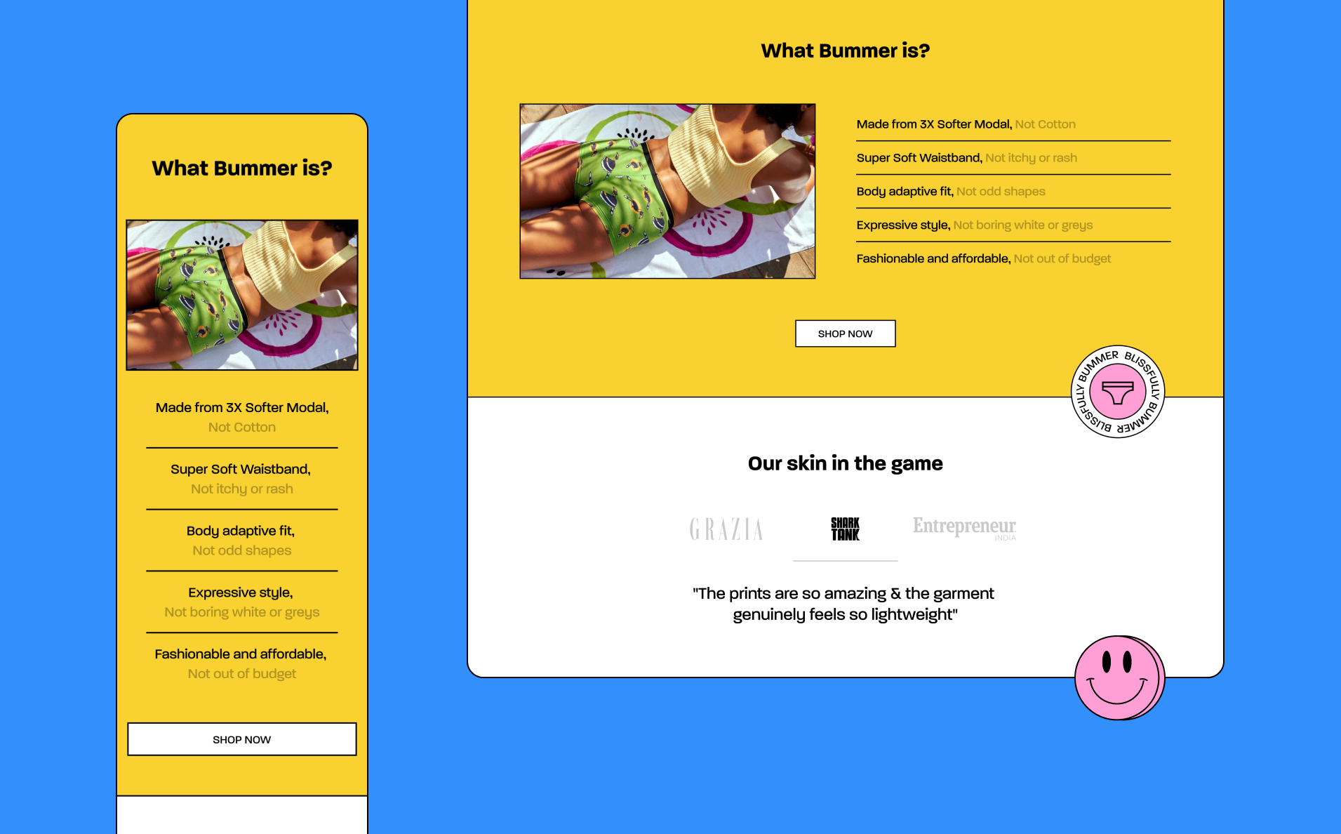 Two yellow web layouts on a blue background featuring a relaxed guy in colorful underwear