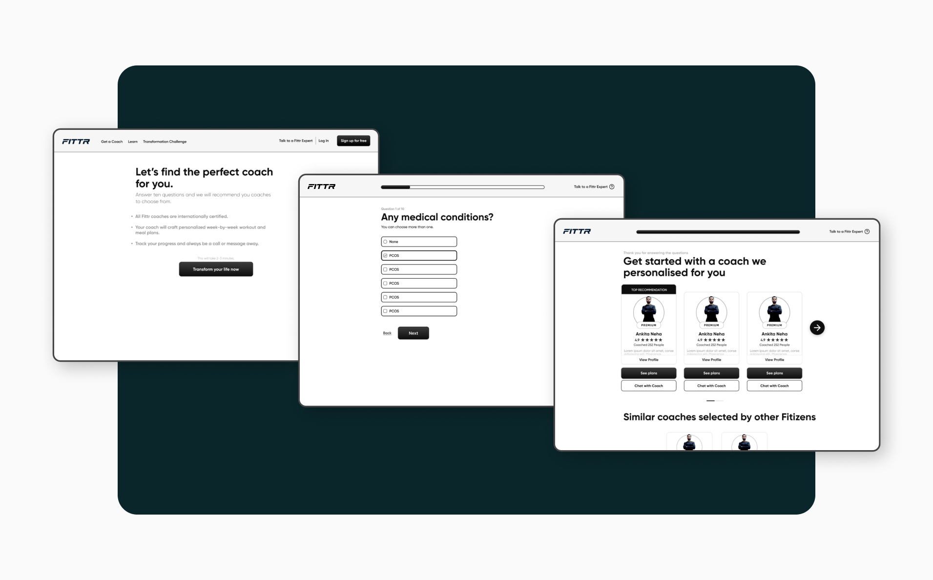 Three web screens on a dark background show steps to find a personal coach. They include inquiries about preferences, medical conditions, and coach recommendations