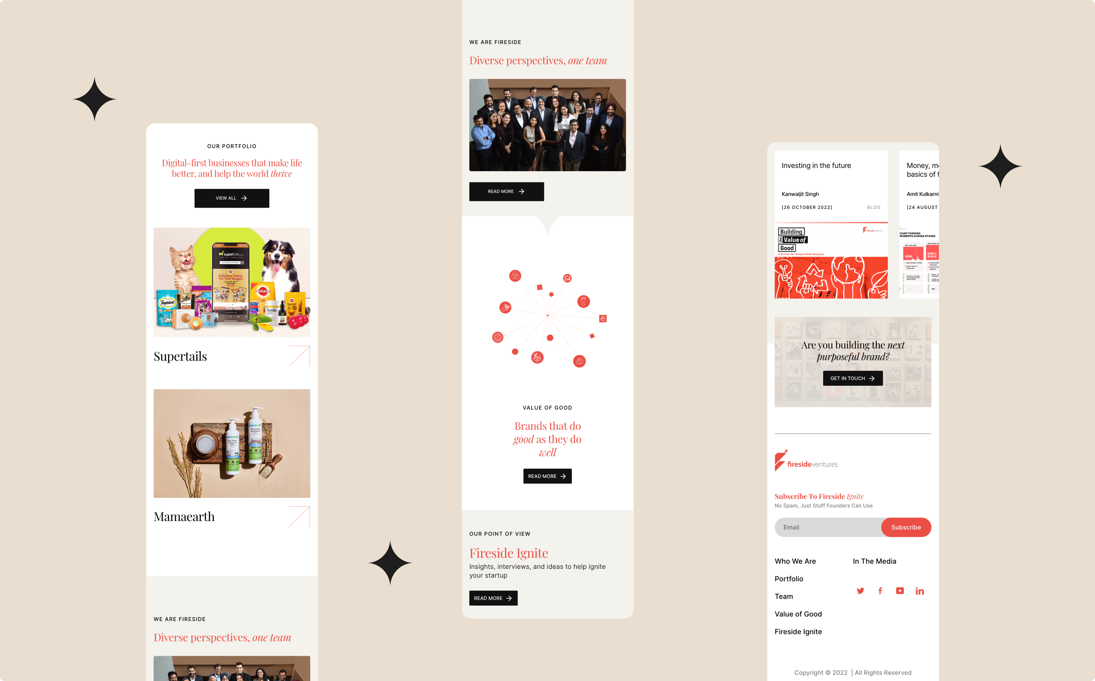 Three elongated website banners on a dark teal background display contrasting red and white sections with text, illustrations, and icons