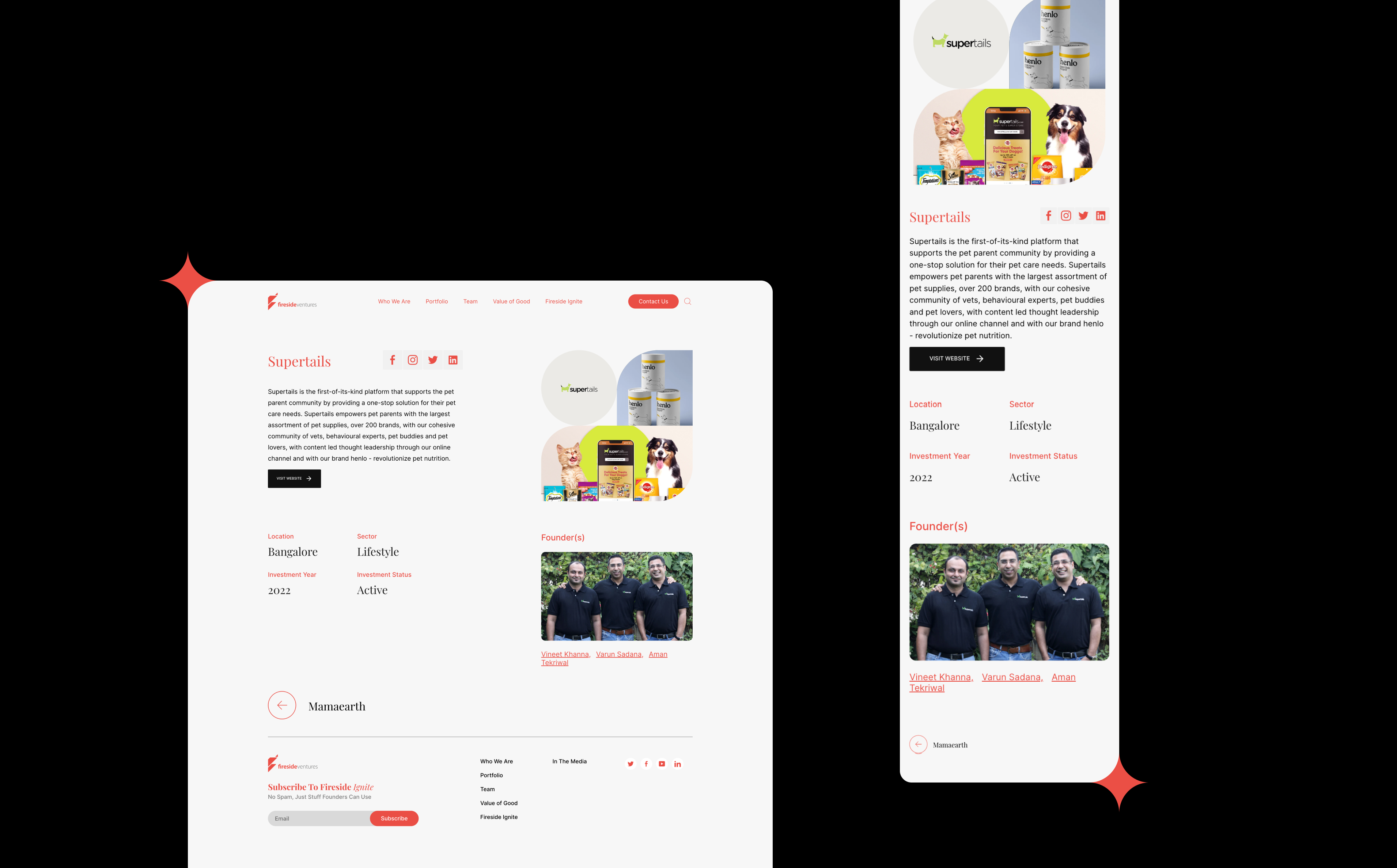 A split-screen website design featuring a product image, descriptive text, and team photos. The layout is modern with red accents on a white background