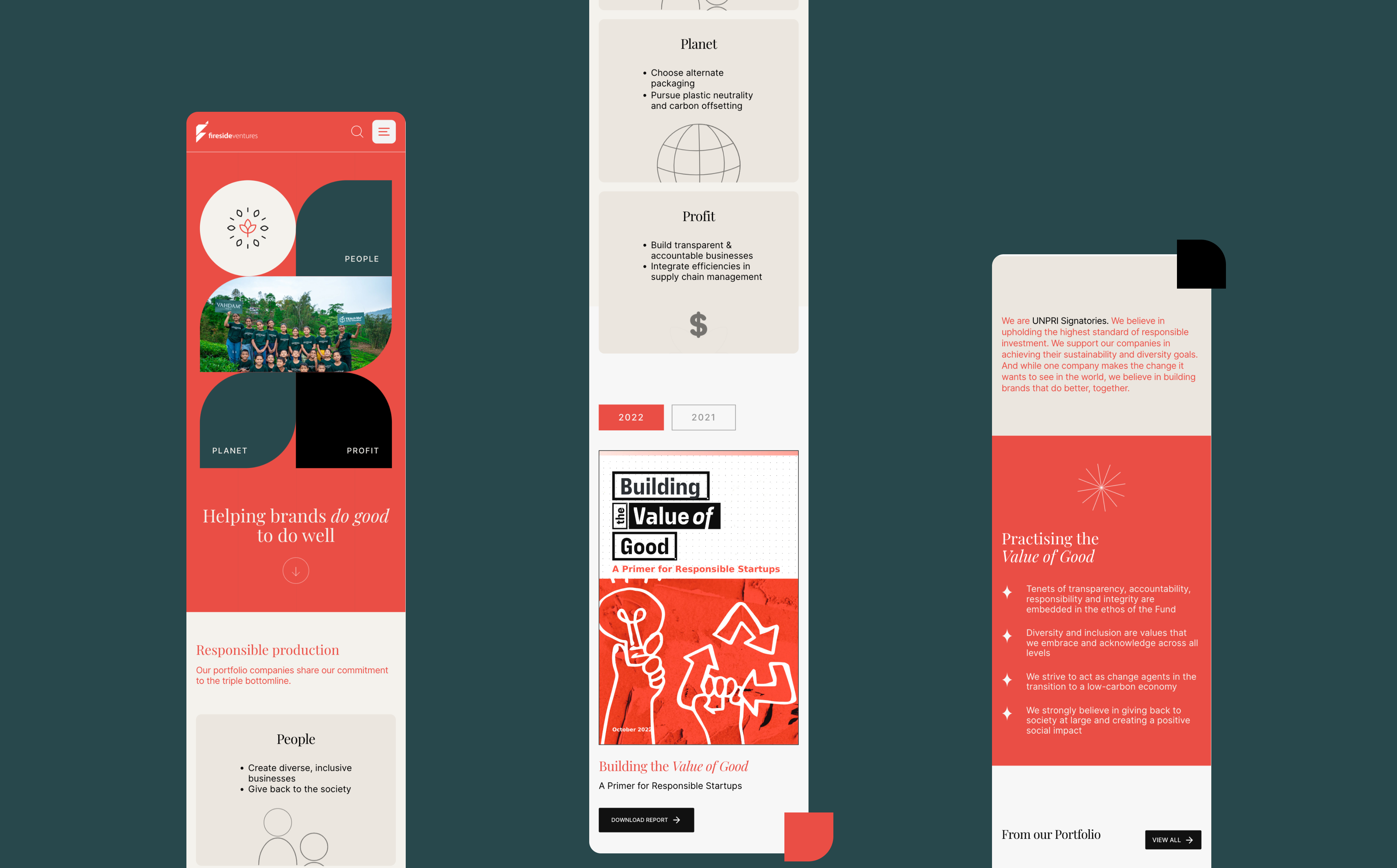 Three elongated website banners on a dark teal background display contrasting red and white sections with text, illustrations, and icons promoting sustainable practices and social values