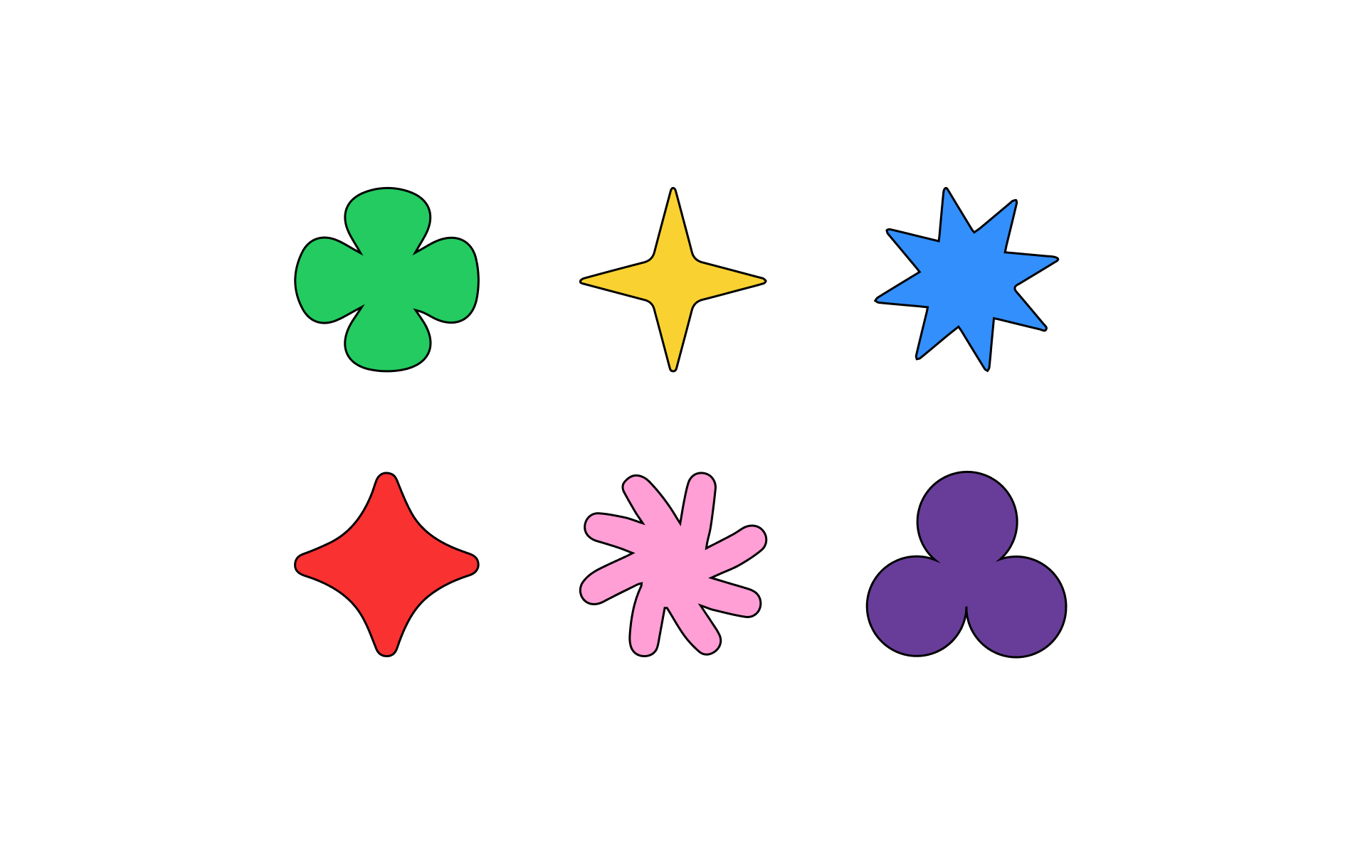 A grid of six colorful geometric shapes: green club, yellow four-point star, blue eight-point star, red cross, pink asterisk, purple trefoil, on a white background