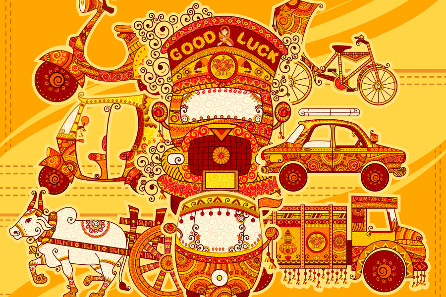Colorful illustration featuring intricately decorated Indian vehicles, including a truck with