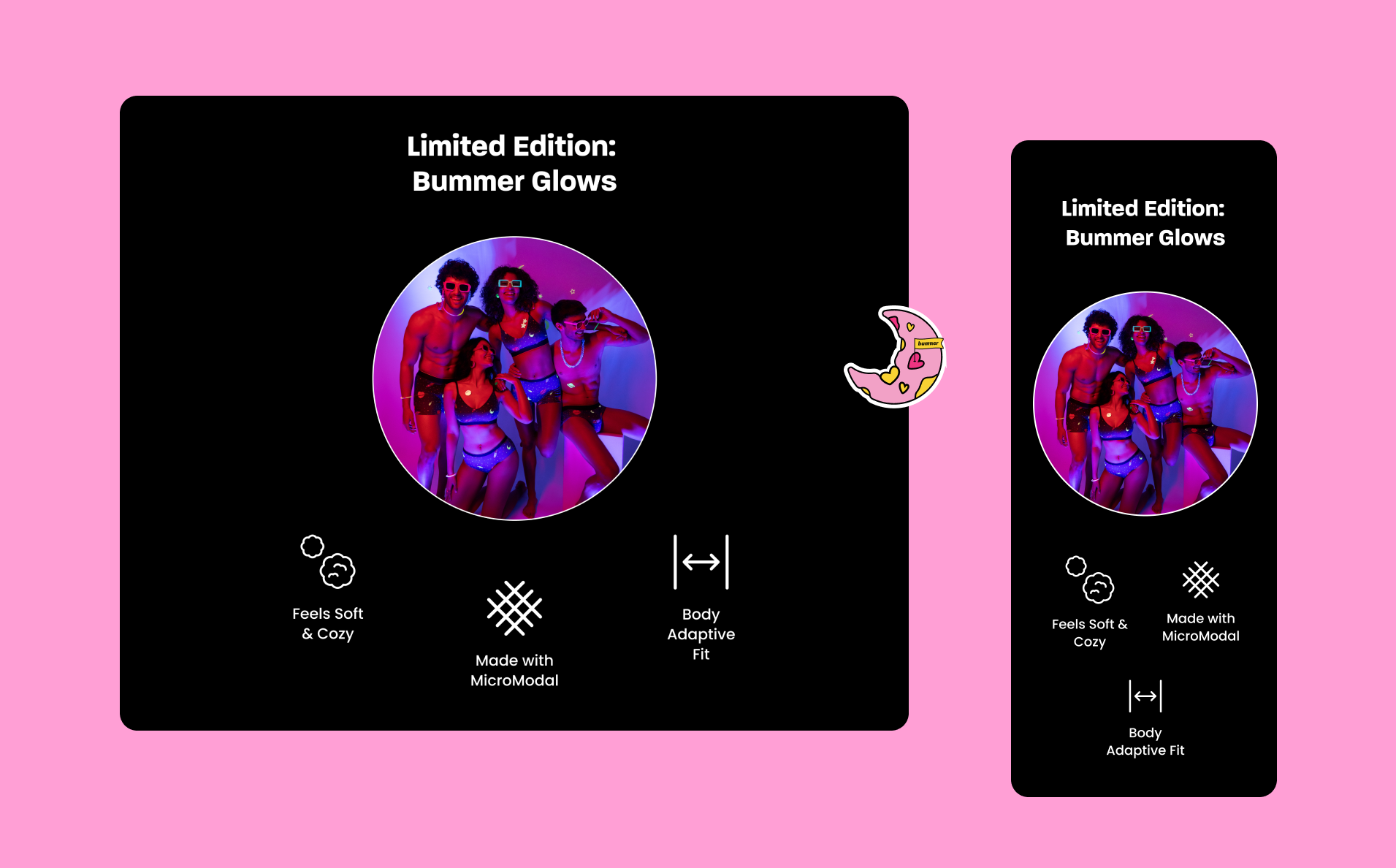 Advertisement for 'Limited Edition: Bummer Glows' shows four people in glowing purple-hued outfits. Features include softness, MicroModal fabric, and adaptive fit. A playful moon graphic is displayed alongside the main image on a pink background
