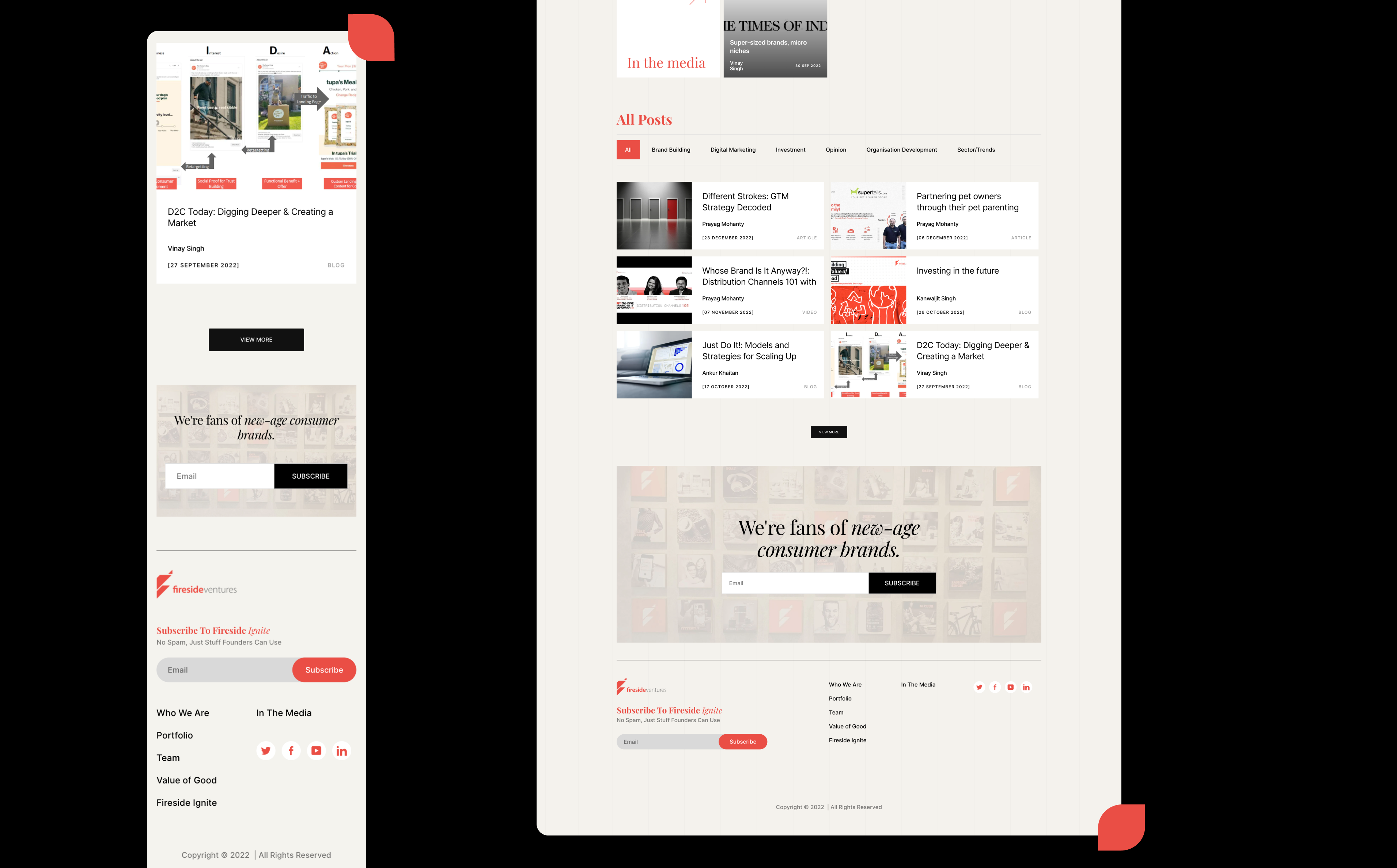 Two web pages showcasing a portfolio of brand collaborations, featuring images of products, client logos, and testimonial quotes on a minimalist layout