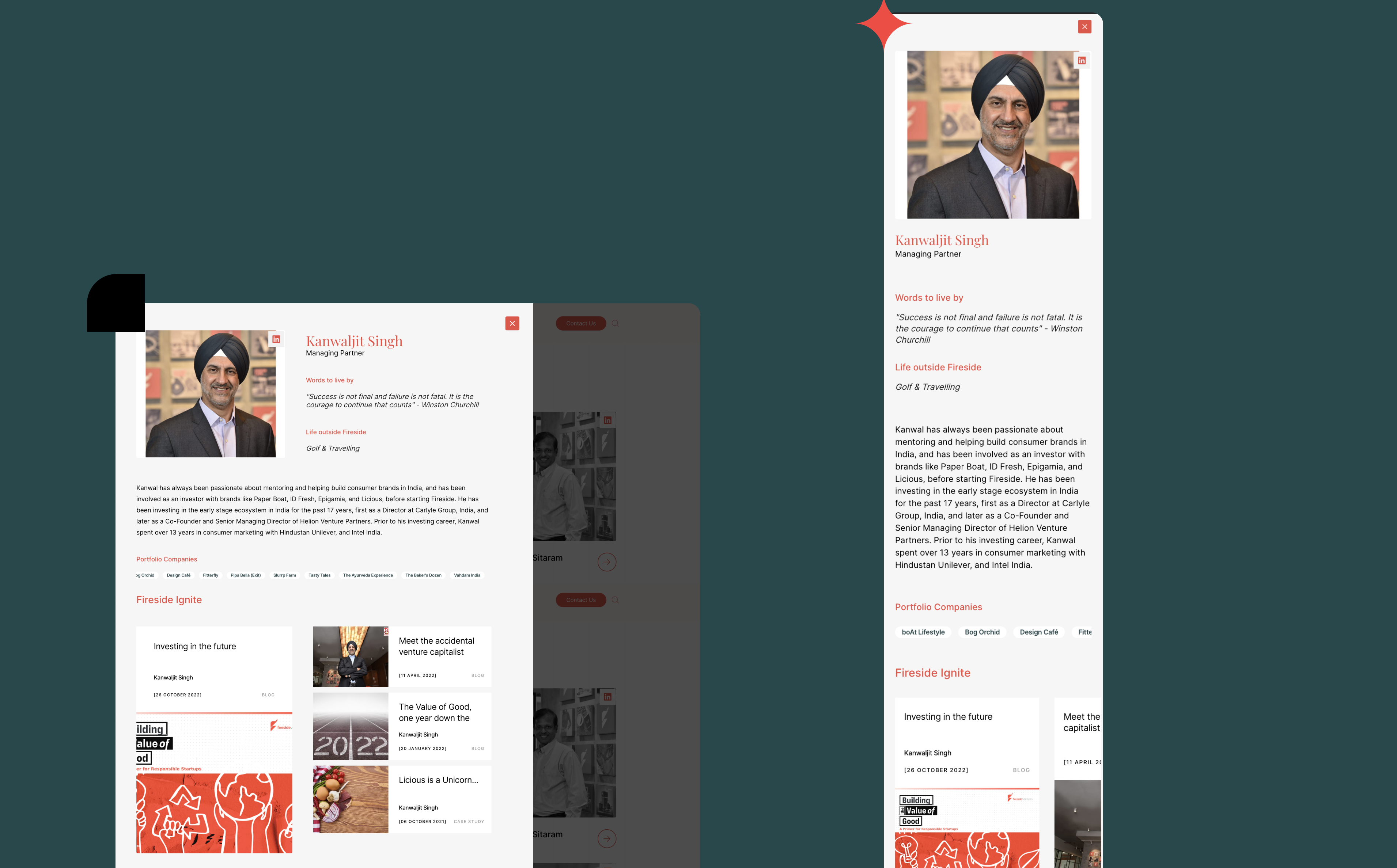 Digital profile showcasing a person in a suit and turban, with brief biography and portfolio pieces. Modern design with red and gray accents