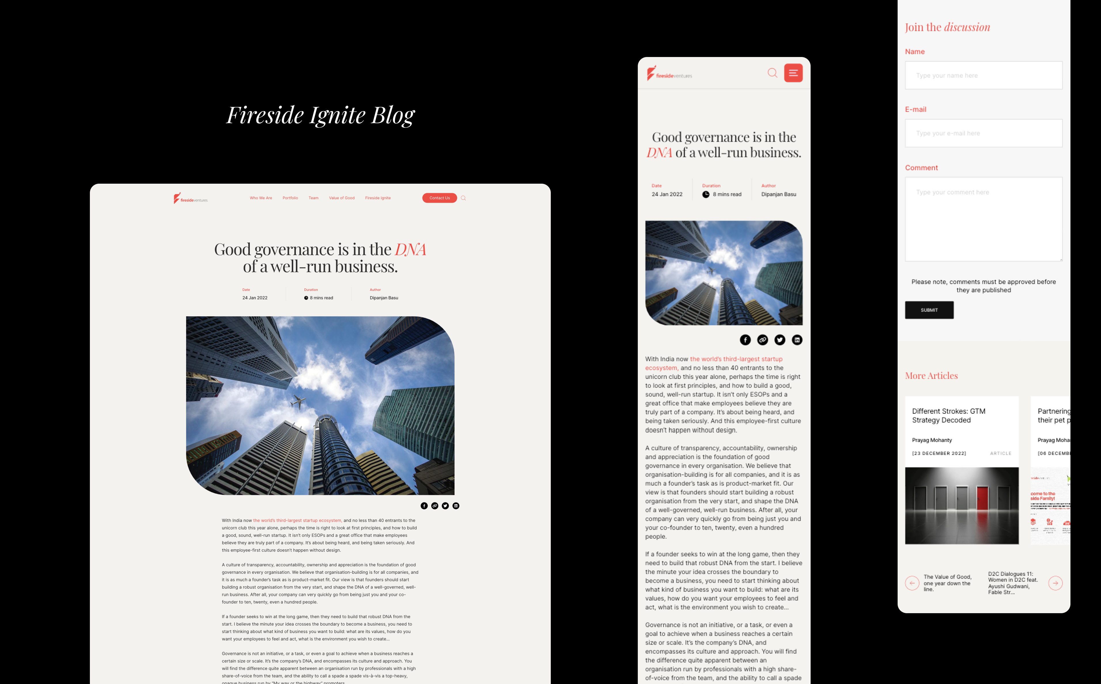Blog page design showcasing an article titled 'Good Governance' with a photo of skyscrapers against a blue sky, accompanied by subscription and related articles sections. Modern, clean layout